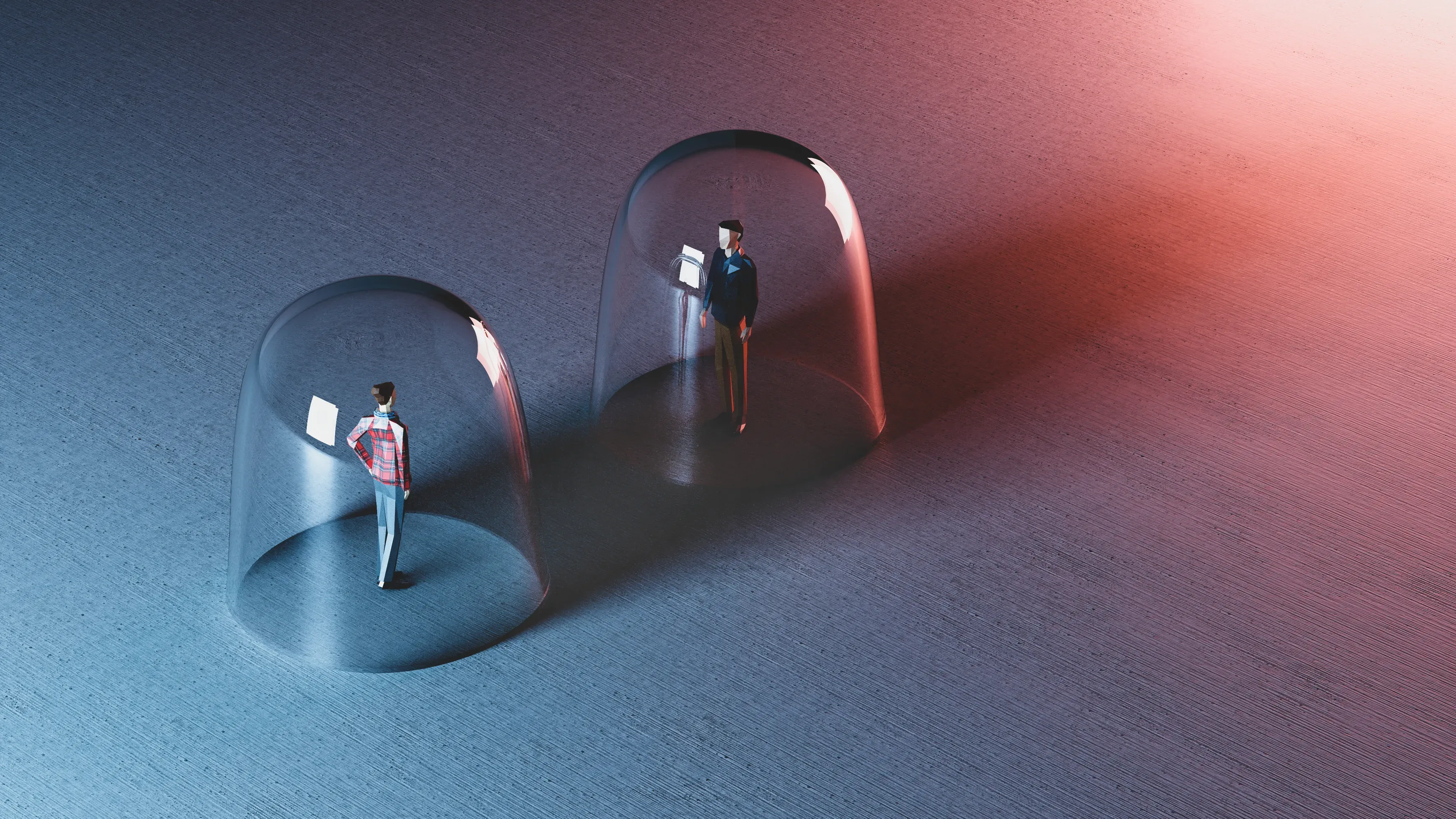 Two people standing apart under separate translucent domes.